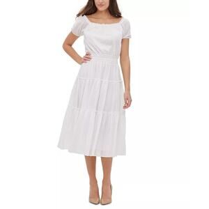 Tommy Hilfiger Cotton Puff Short Sleeve Tired Midi Dress White 10